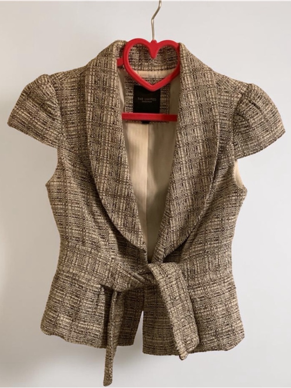 Brown & cream crosshatch fitted tie waist blazer